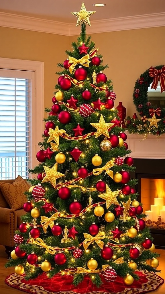 A 5-foot Christmas tree adorned with red and gold ornaments and lights in a festive living room.